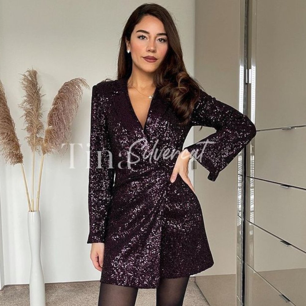 Zara Purple Sequin Blazer Mini Dress Sz S NWT - Picture 4 of 16